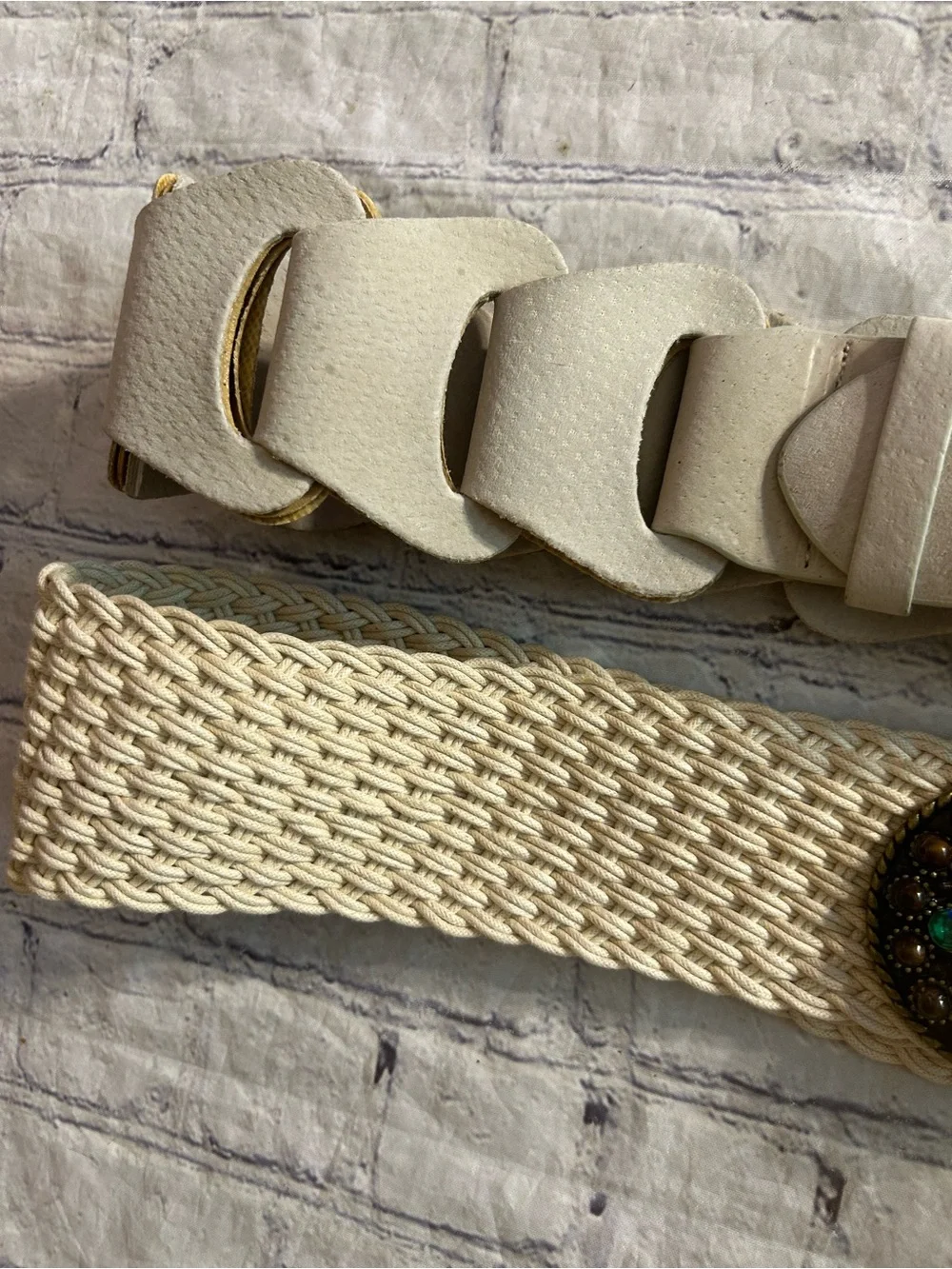 GENUINE LEATHER WITH FAUX BACK CHUNKY BEIGE WIDE AND JEWEL BUCKLE WOVEN BELTS